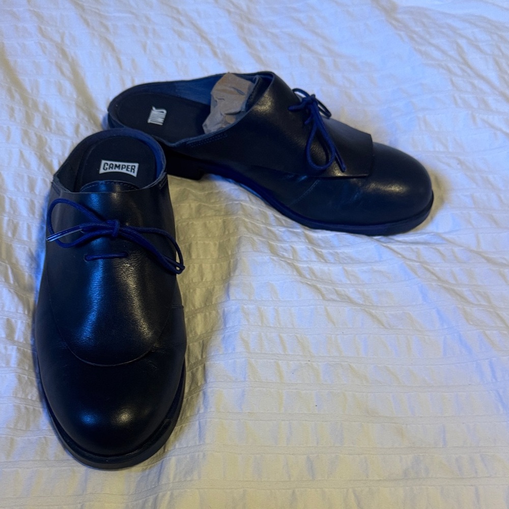 Camper Black Leather Slip-On Loafers with Blue Laces